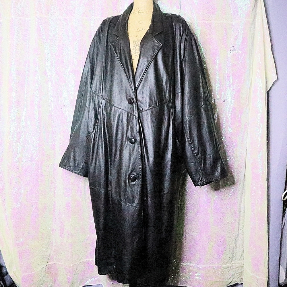 VINTAGE LEATHER TRENCH COAT 22W Venezia Black Halloween Goth Fall Winter Long - Picture 6 of 12